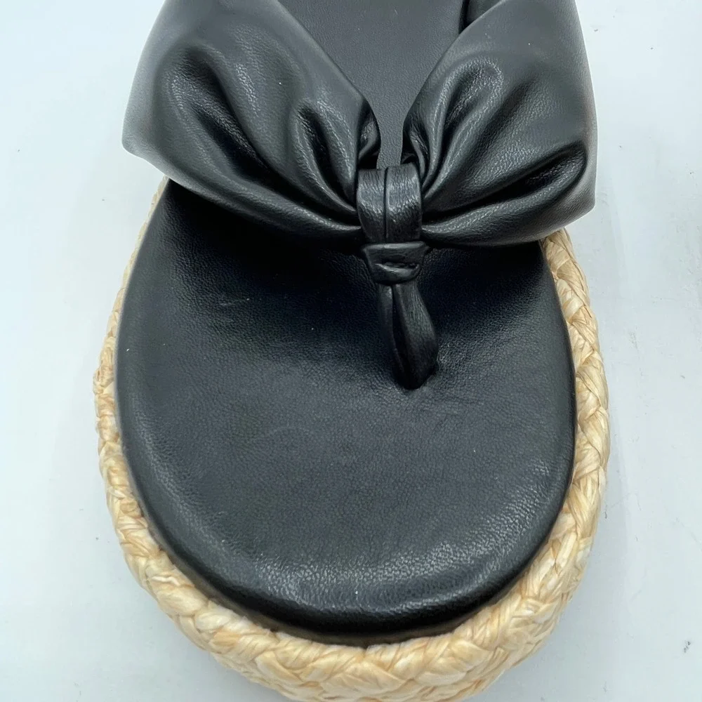 New Naked Feet Costa Black Platform Thong Sandals Knotted Raffia Slides Wms 10